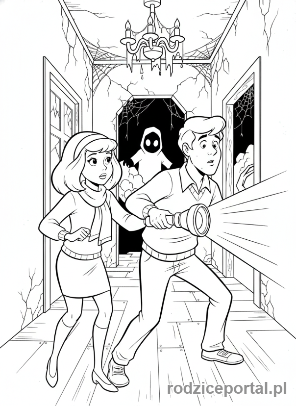 Kolorowanka Scooby Doo - Daphne i Fred badający mroczny korytarz