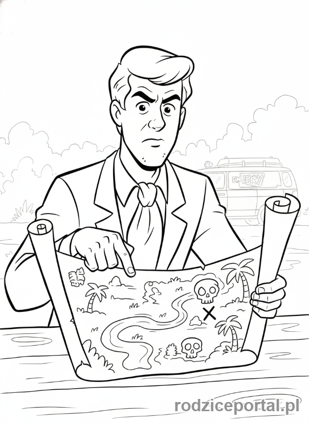 Kolorowanka Scooby Doo - Fred gestykulujący z mapą