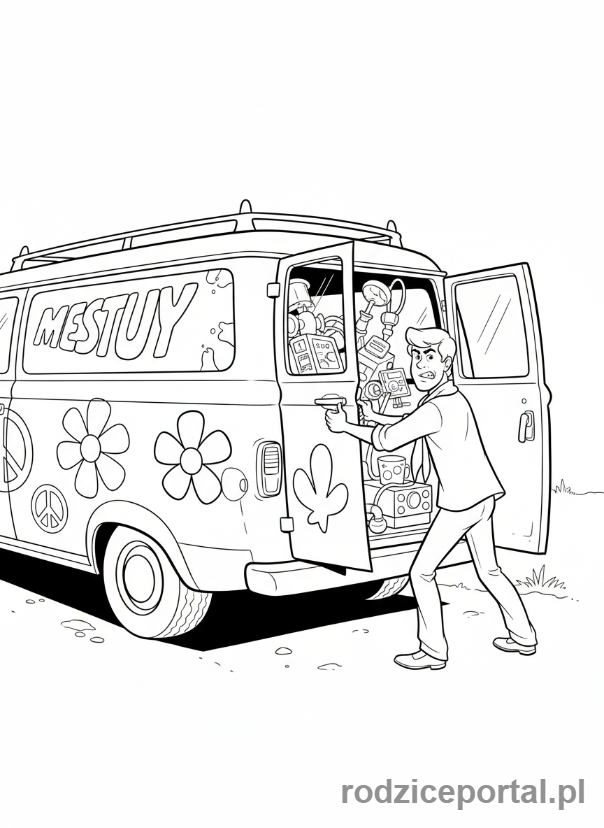 Kolorowanka Scooby Doo - Fred otwierający drzwi Tajemniczej Maszyny