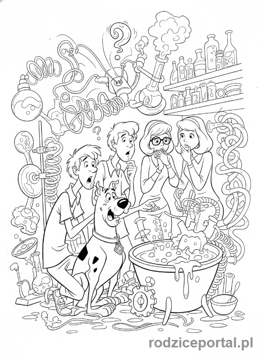 Kolorowanka Scooby Doo - Gang w laboratorium szalonego naukowca