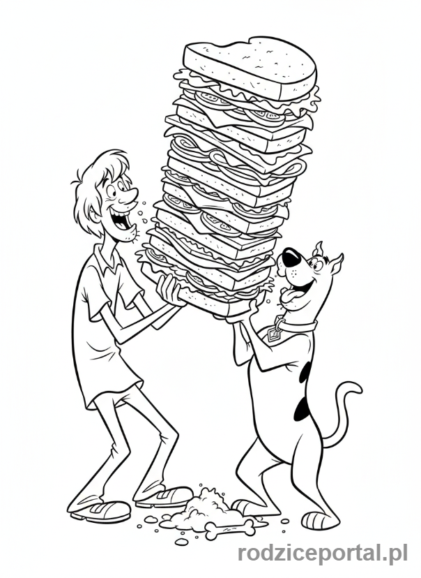 Kolorowanka Scooby Doo - Kudłaty i Scooby Doo jedzący kanapkę gigant