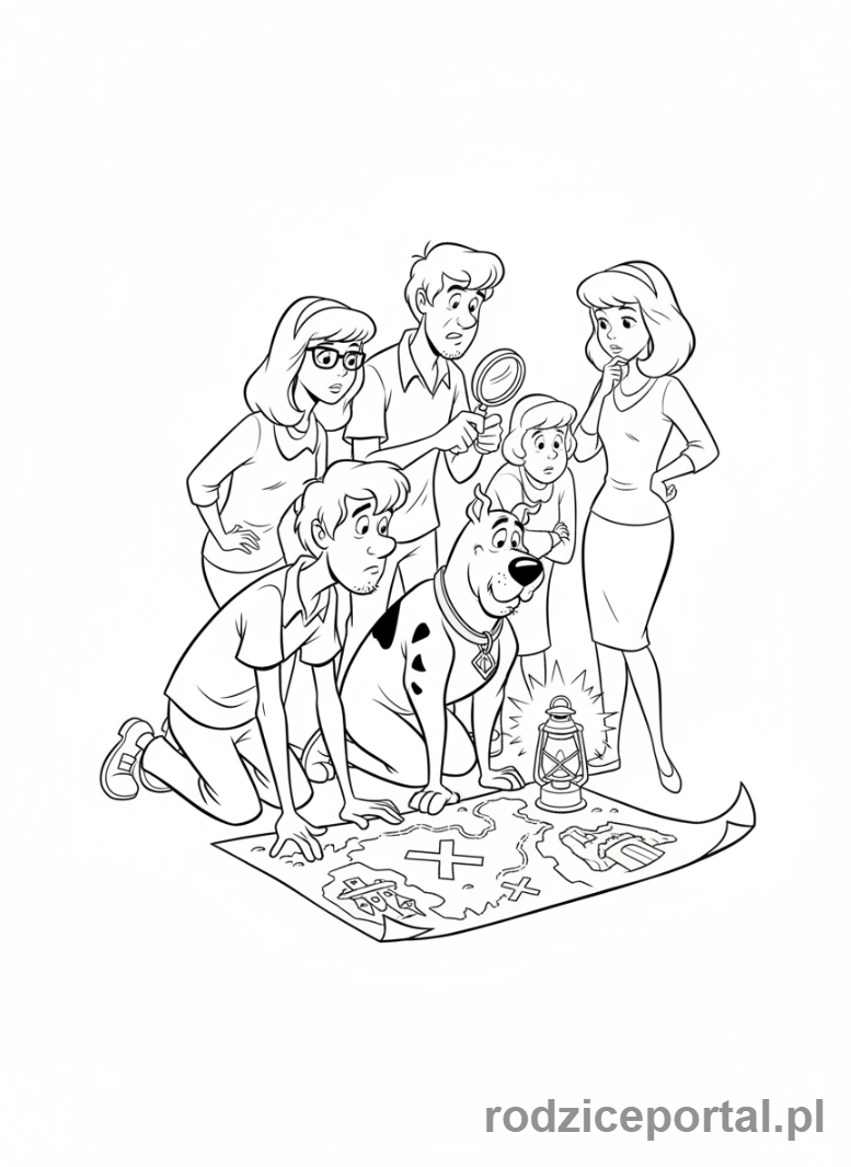 Kolorowanka Scooby Doo - Paczka Scooby Doo rozwiązująca zagadkę