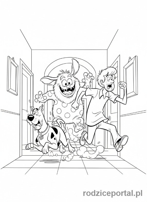 Kolorowanka Scooby Doo - Potwór goniący Scooby'ego i Shaggy'ego