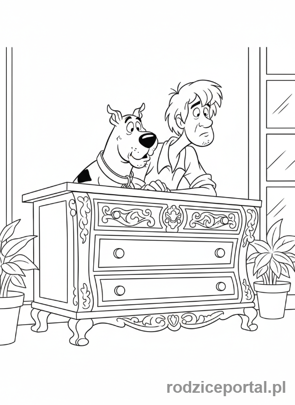 Kolorowanka Scooby Doo - Scooby i Shaggy chowający się za meblem