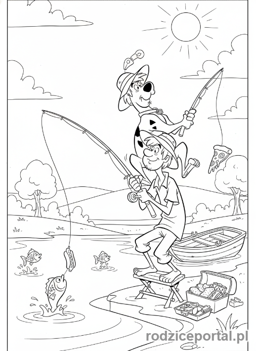 Kolorowanka Scooby Doo - Scooby i Shaggy łowiący ryby