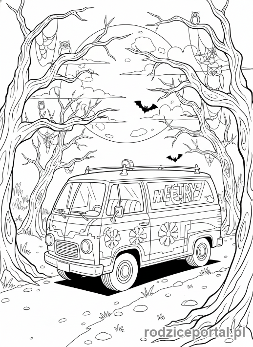Kolorowanka Scooby Doo - Tajemnicza Maszyna jadąca przez las