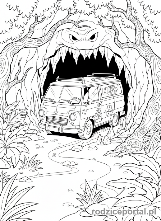 Kolorowanka Scooby Doo - Tajemnicza Maszyna wjeżdżająca do jaskini