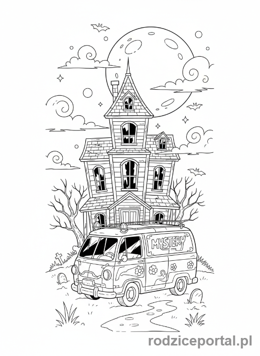 Kolorowanka Scooby Doo - Tajemnicza Maszyna zaparkowana nocą