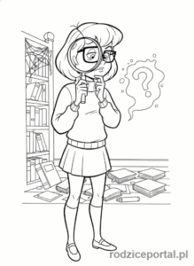 Kolorowanka Scooby Doo - Velma Dinkley szukająca wskazówek z lupą
