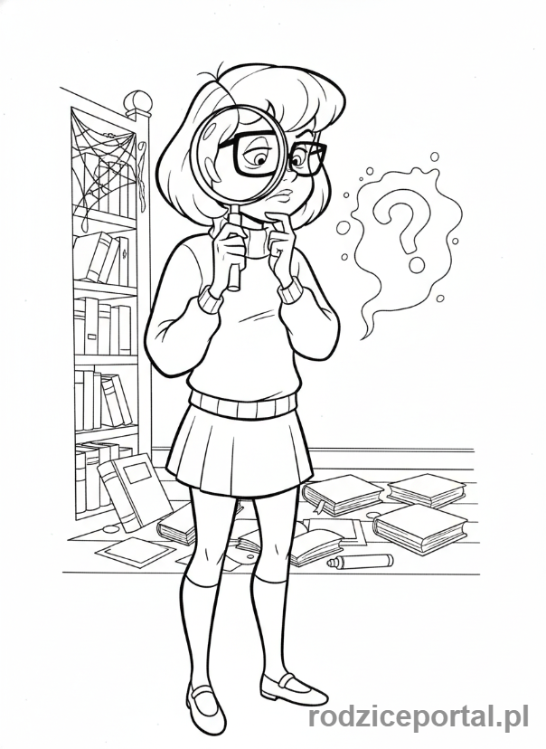Kolorowanka Scooby Doo - Velma Dinkley szukająca wskazówek z lupą