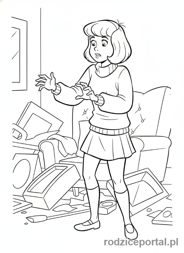 Kolorowanka Scooby Doo - Velma Dinkley ze swoimi okularami, w poszukiwaniu zguby