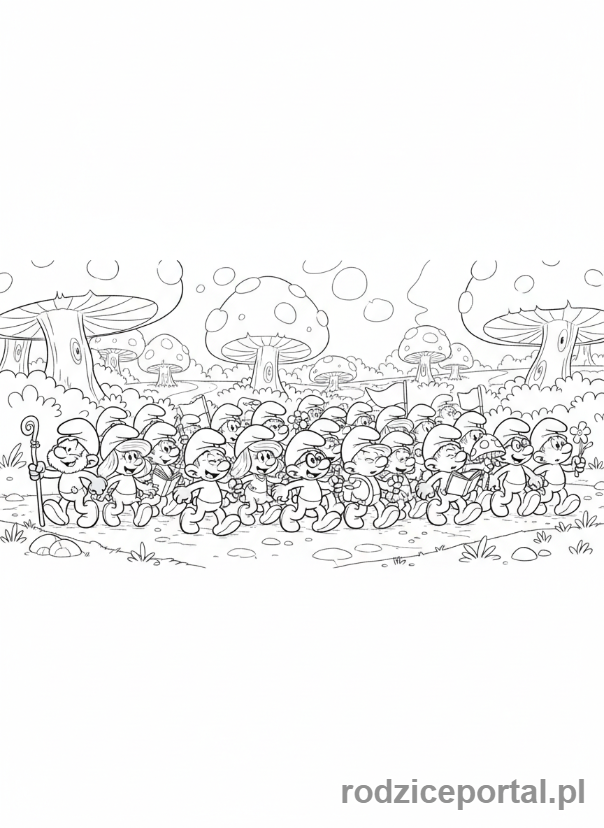 Kolorowanka Smerfy - Cała gromada Smerfów radośnie maszerująca