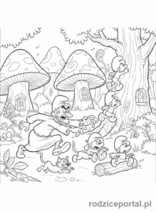 Kolorowanka Smerfy - Gargamel i Klakier próbujący złapać Smerfy