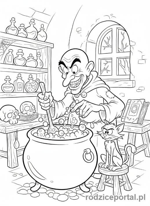 Kolorowanka Smerfy - Gargamel mieszający kociołek w swojej chacie