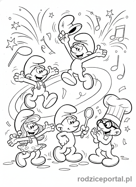 Kolorowanka Smerfy - Grupa Smerfów świętująca razem