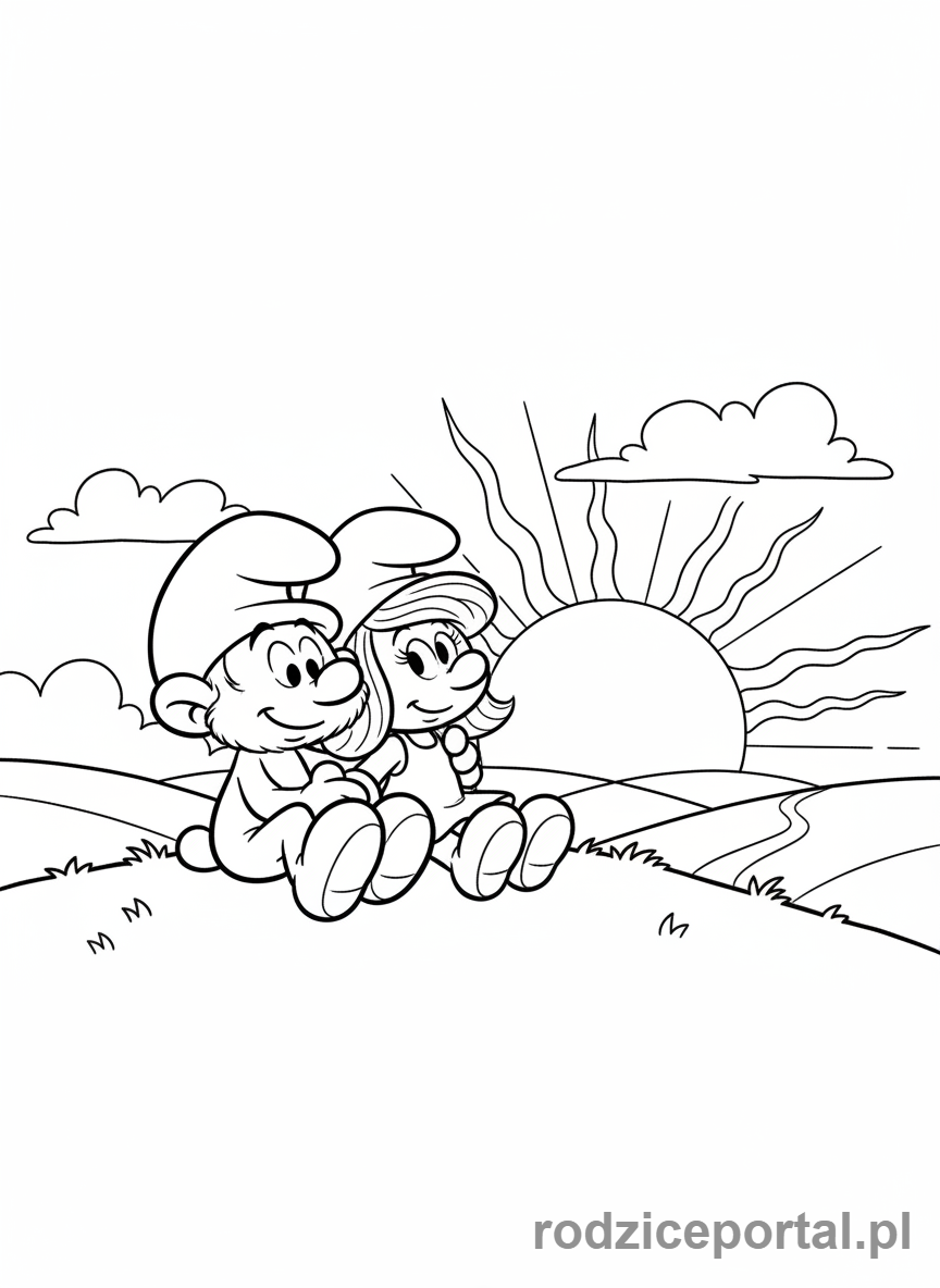 Kolorowanka Smerfy - Papa Smerf i Smerfetka podziwiający zachód słońca