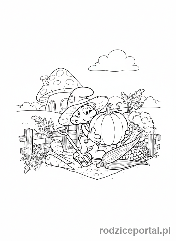 Kolorowanka Smerfy - Smerf Farmer opiekujący się roślinami