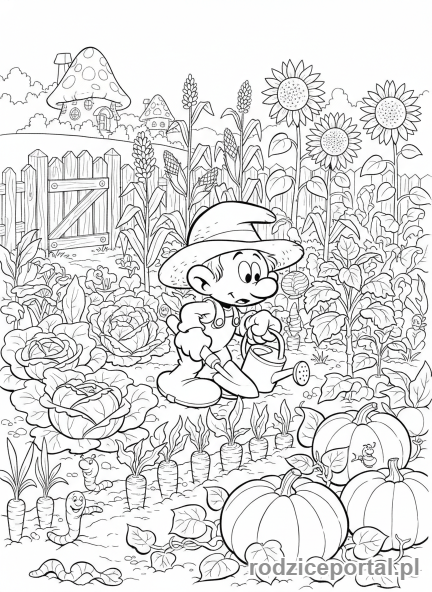 Kolorowanka Smerfy - Smerf Farmer uprawiający ogród