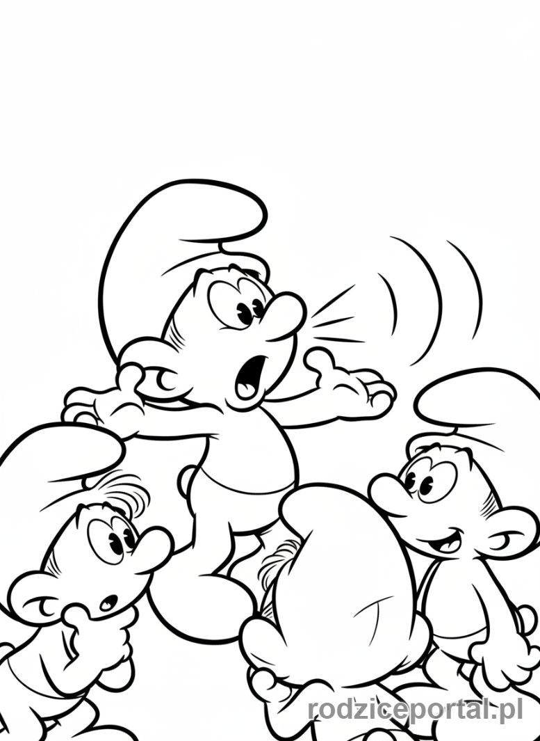 Kolorowanka Smerfy - Smerf Gaduła opowiadający historię innym Smerfom