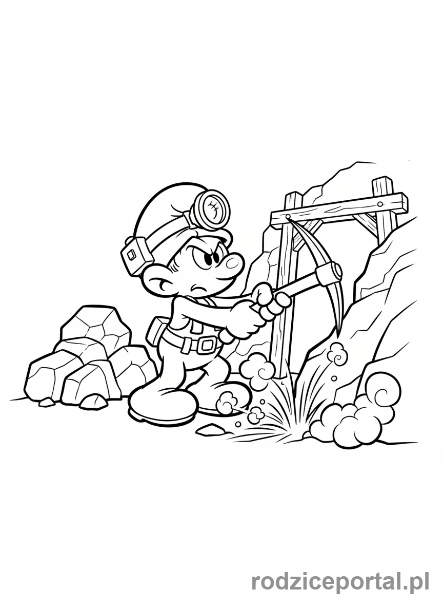 Kolorowanka Smerfy - Smerf Górnik kopiący w poszukiwaniu skarbów