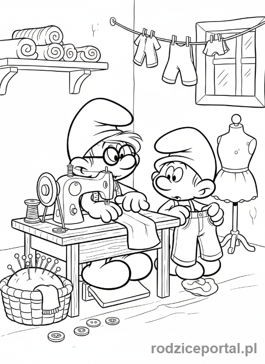 Kolorowanka Smerfy - Smerf Krawiec szyjący ubranka dla Smerfa