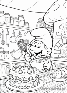 Kolorowanka Smerfy - Smerf Kucharz piekący ciasto w kuchni