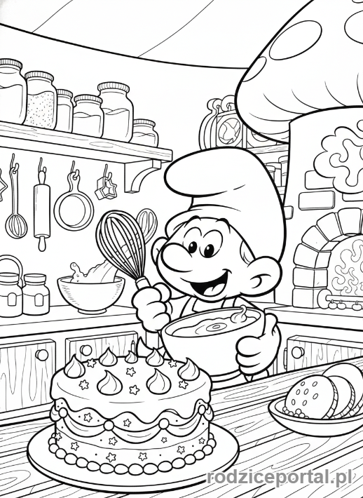 Kolorowanka Smerfy - Smerf Kucharz piekący ciasto w kuchni