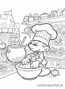 Kolorowanka Smerfy - Smerf Kucharz przygotowujący ciasto