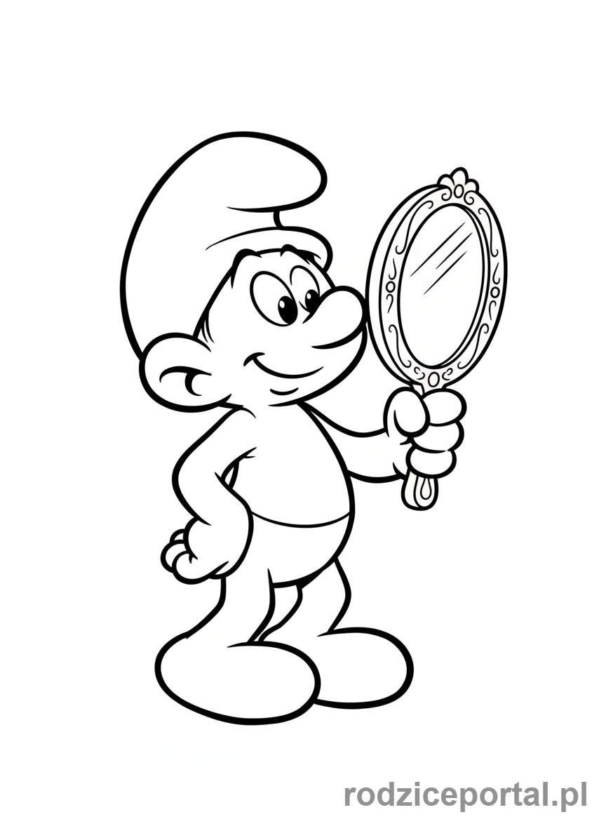 Kolorowanka Smerfy - Smerf Laluś podziwiający się w lustrze