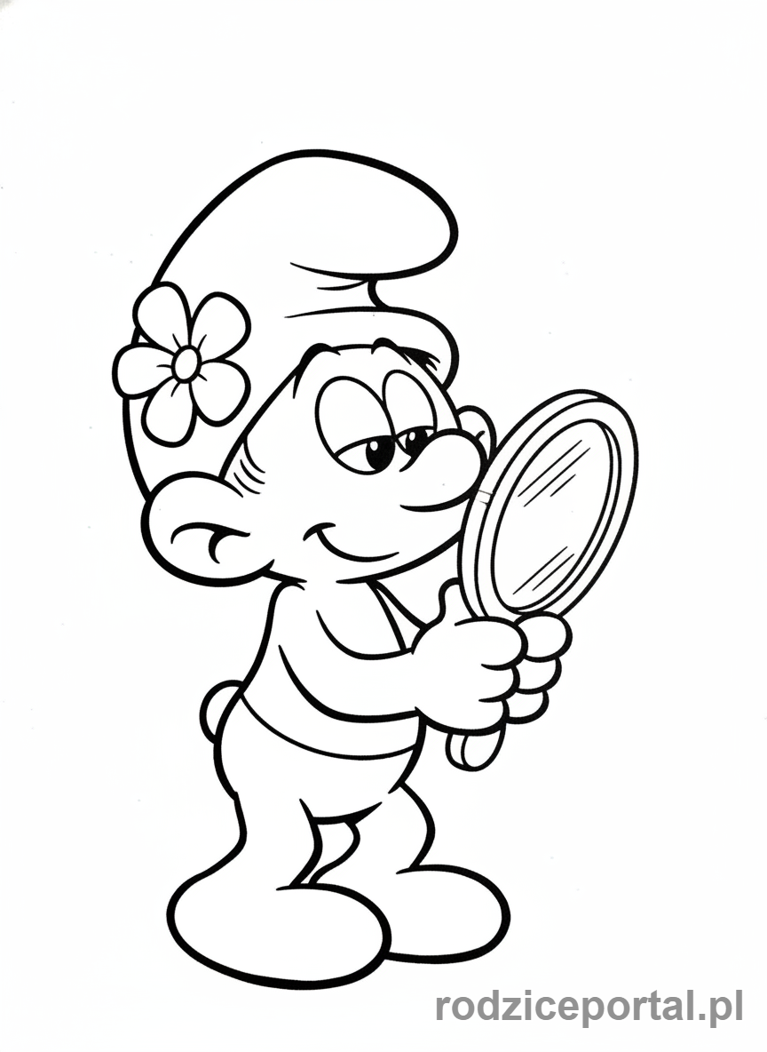 Kolorowanka Smerfy - Smerf Laluś przeglądający się w lusterku