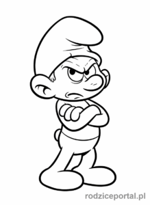 Kolorowanka Smerfy - Smerf Maruda z założonymi rękami, niezadowolony