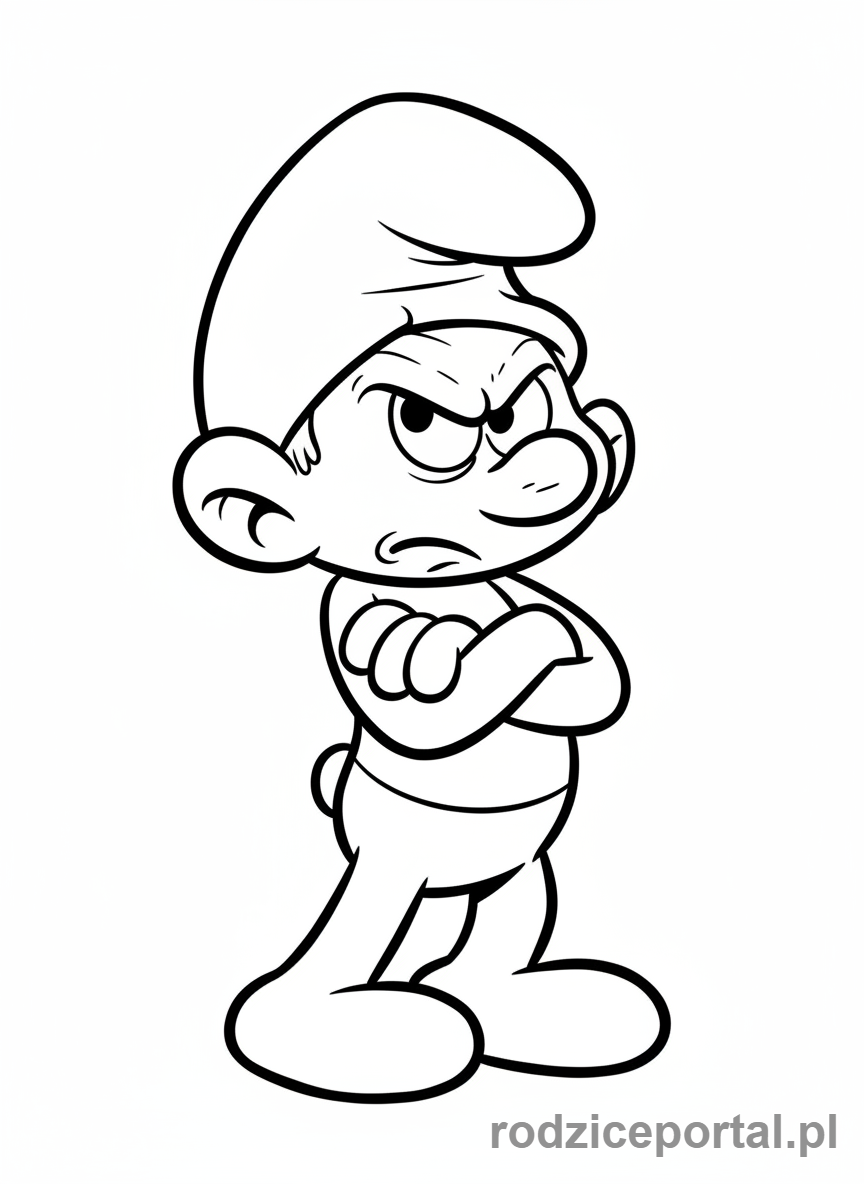 Kolorowanka Smerfy - Smerf Maruda z założonymi rękami, niezadowolony