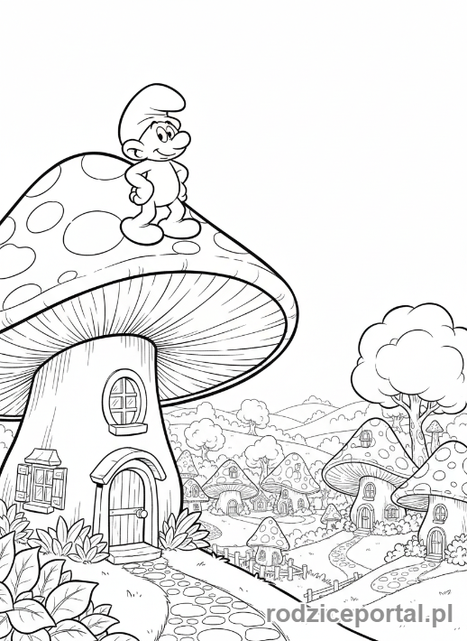 Kolorowanka Smerfy - Smerf na dachu grzybowego domku