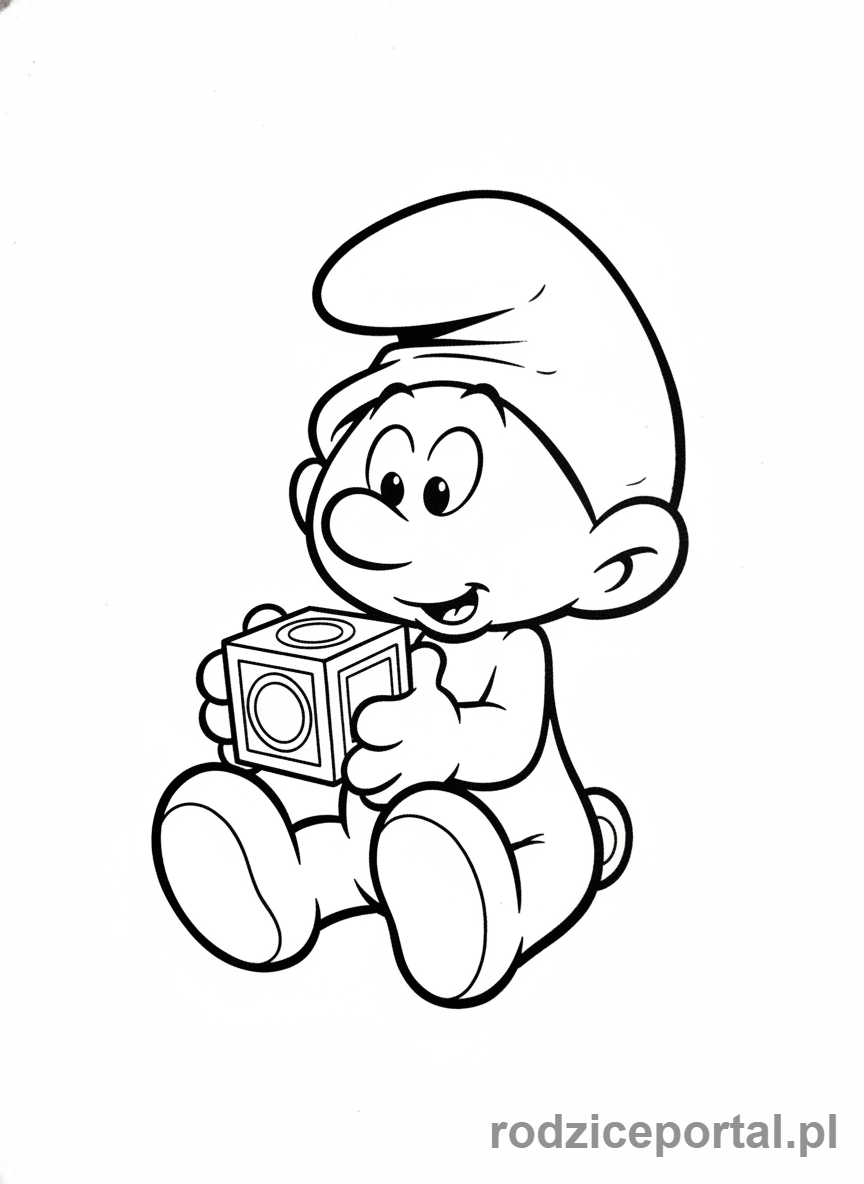 Kolorowanka Smerfy - Smerf Niemowlak bawiący się zabawką