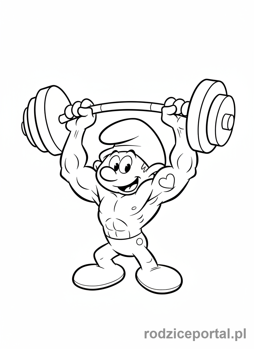 Kolorowanka Smerfy - Smerf Osiłek podnoszący ciężar, z uśmiechem
