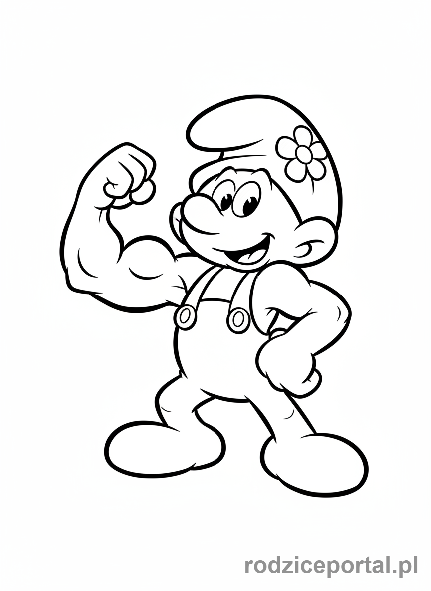 Kolorowanka Smerfy - Smerf Osiłek prezentujący mięśnie