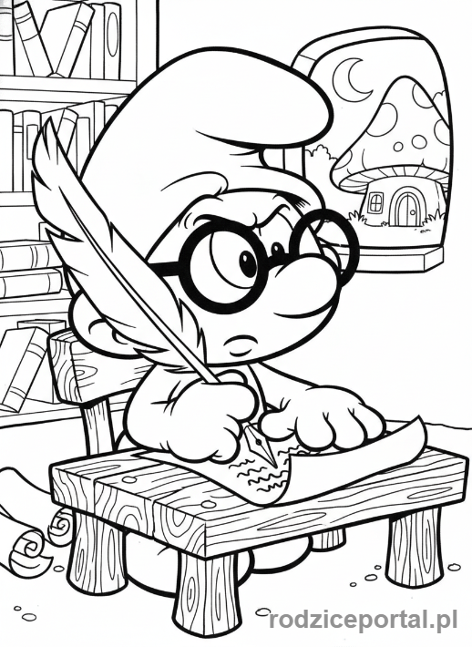 Kolorowanka Smerfy - Smerf Poeta piszący wiersz, z piórem i pergaminem