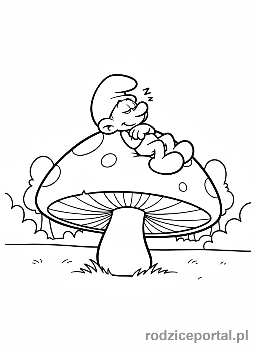 Kolorowanka Smerfy - Smerf Śpioch śpiący na grzybie
