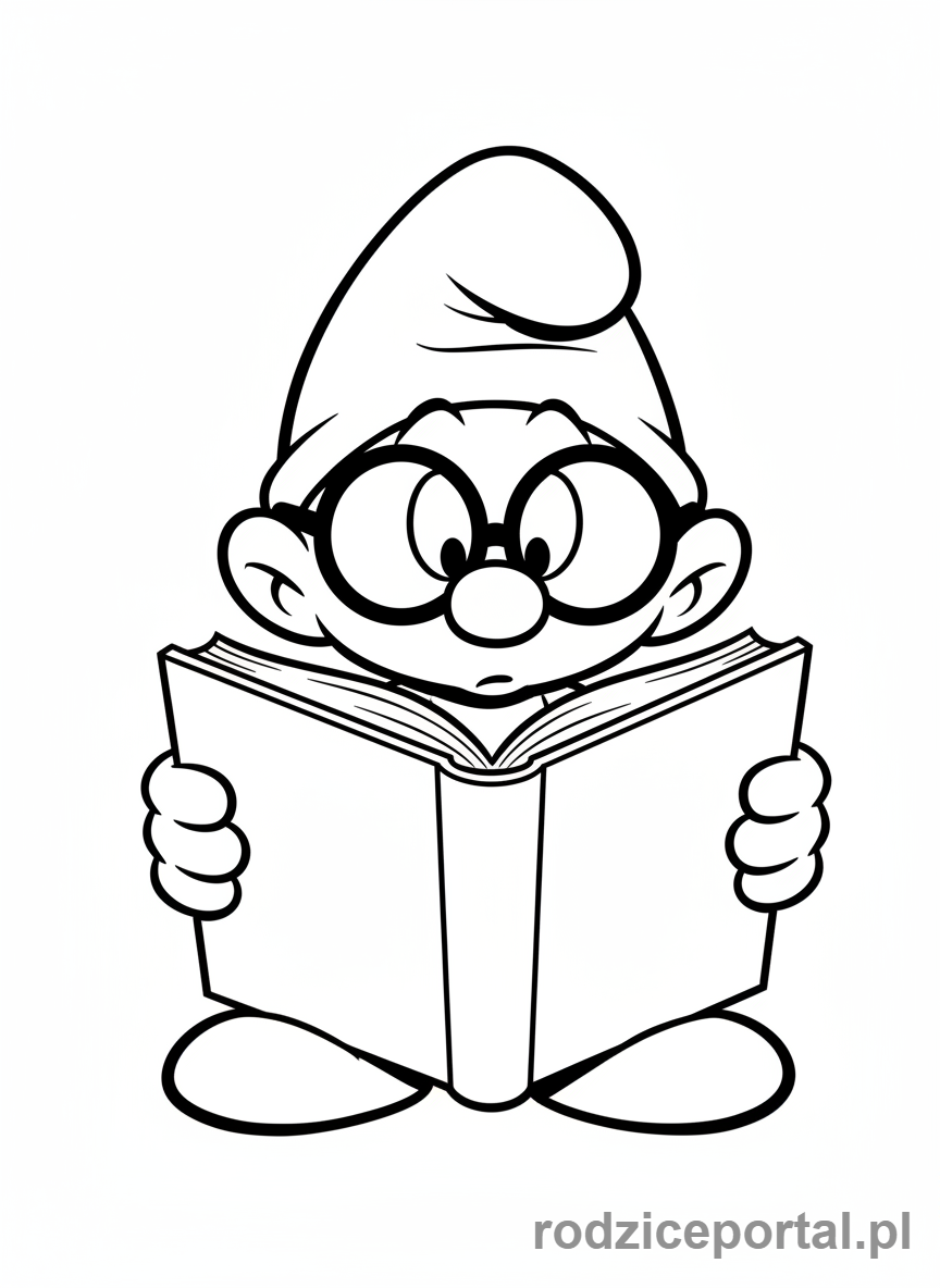 Kolorowanka Smerfy - Smerf Ważniak czytający książkę, z otwartą księgą