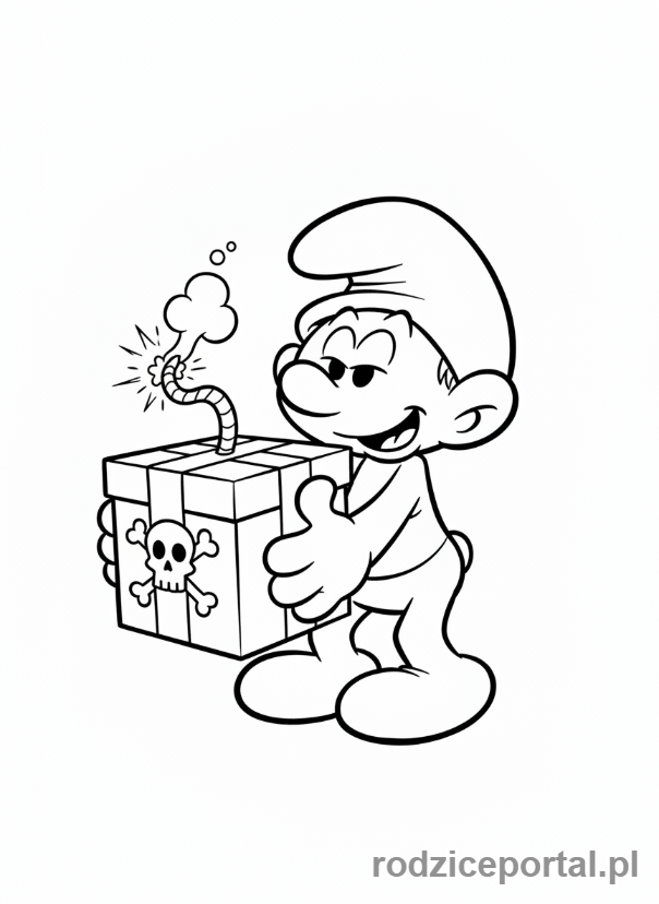 Kolorowanka Smerfy - Smerf Zgrywus wręczający prezent eksplodujący