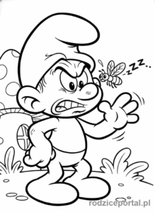 Kolorowanka Smerfy - Smerf Złośnik denerwujący się na muchę