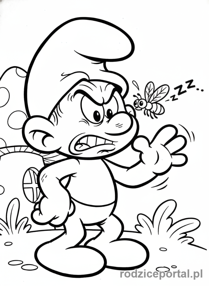 Kolorowanka Smerfy - Smerf Złośnik denerwujący się na muchę