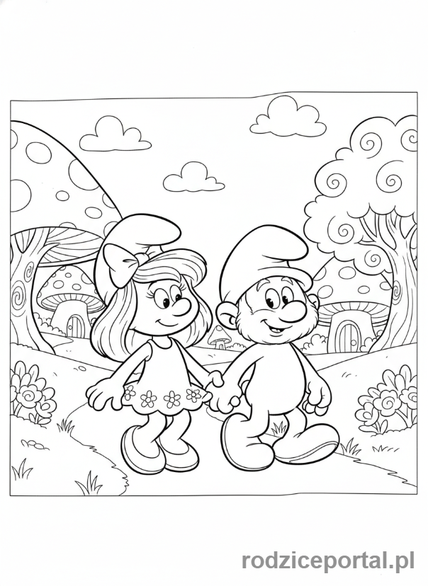 Kolorowanka Smerfy - Smerfetka i Papa Smerf spacerujący ręka w rękę