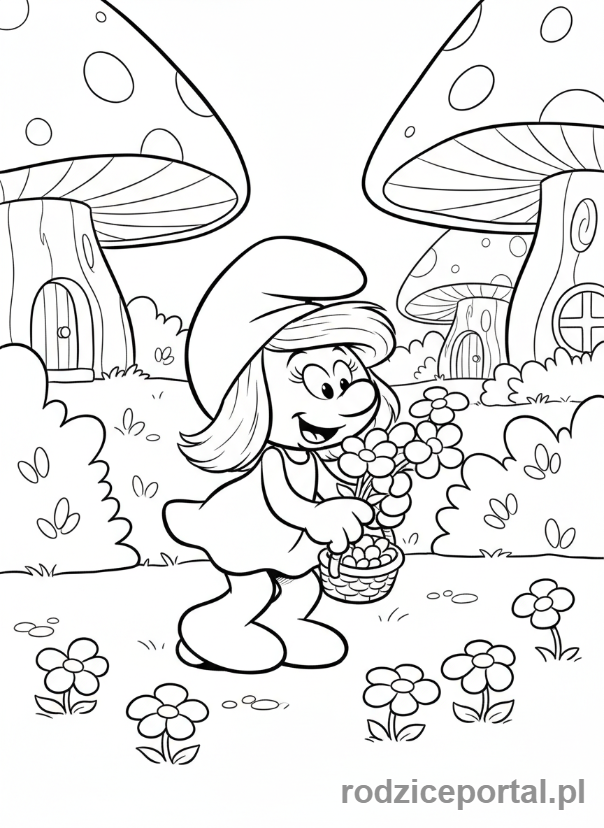 Kolorowanka Smerfy - Smerfetka zbierająca kwiaty w lesie Smerfów