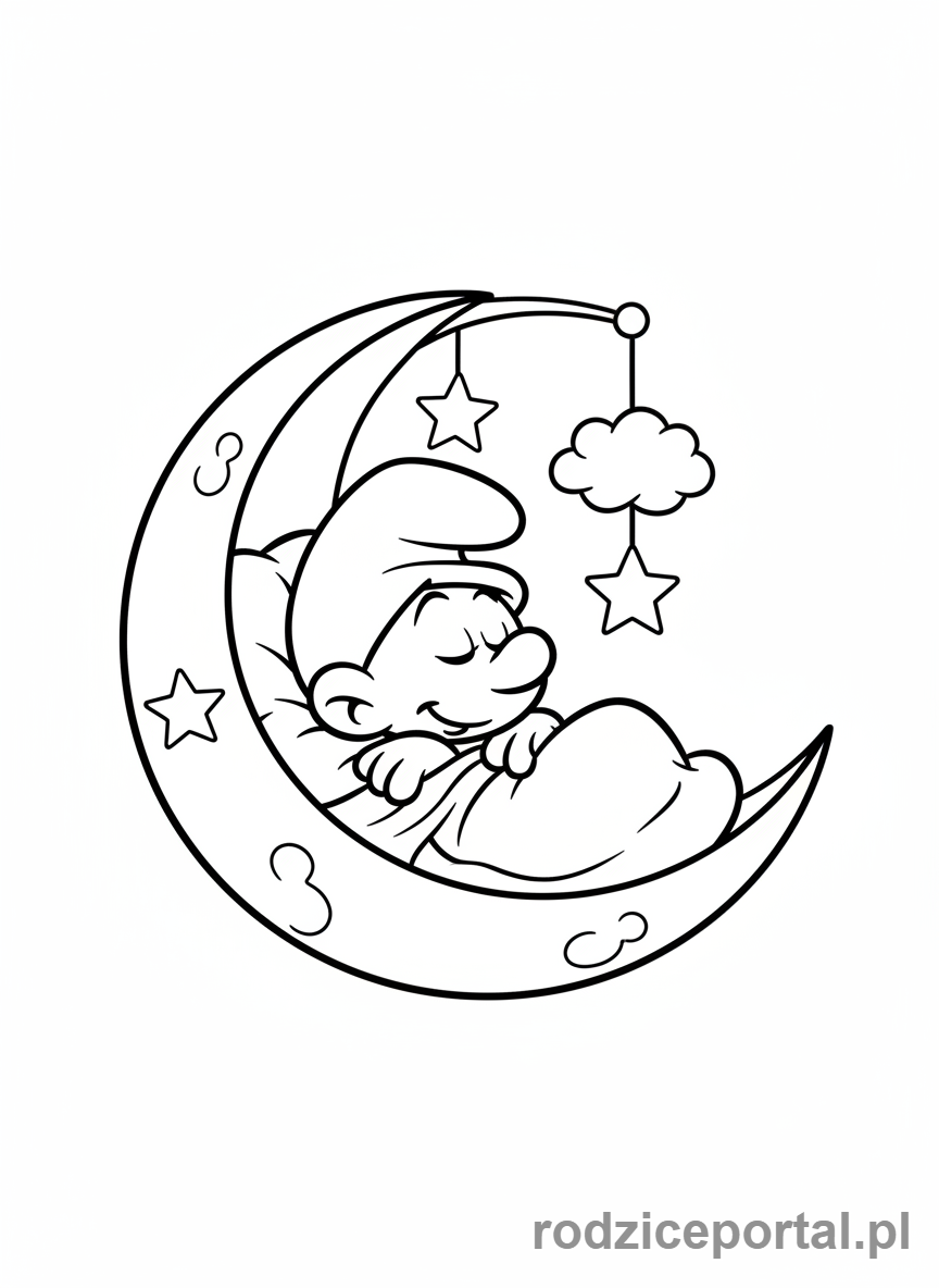 Kolorowanka Smerfy - Smerfuś śpiący w kołysce, słodki widok