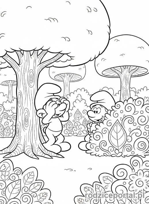 Kolorowanka Smerfy - Smerfy bawiące się w chowanego w lesie