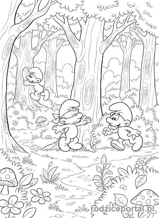 Kolorowanka Smerfy - Smerfy grające w chowanego w lesie