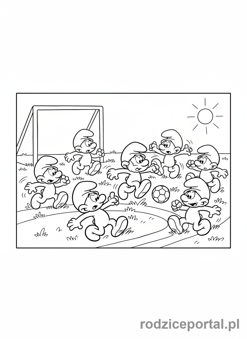Kolorowanka Smerfy - Smerfy grające w piłkę nożną na polanie