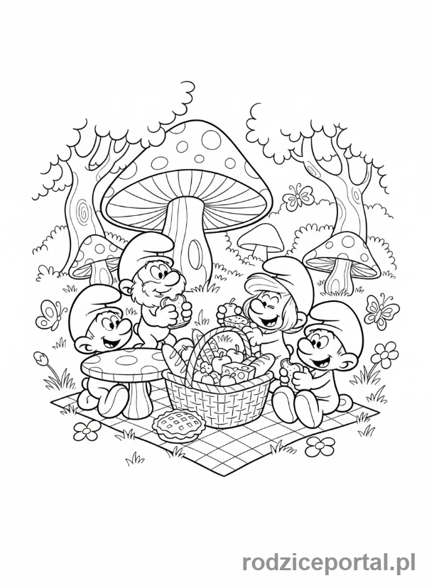 Kolorowanka Smerfy - Smerfy na pikniku w lesie, z koszykiem jedzenia