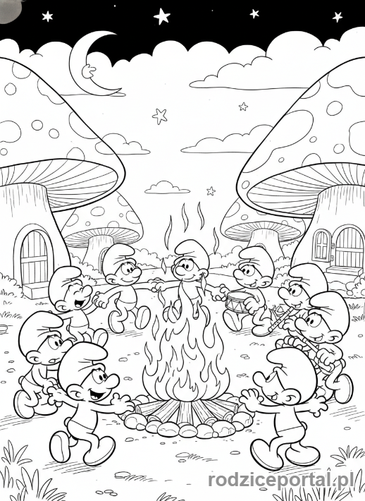Kolorowanka Smerfy - Smerfy tańczące wokół ogniska w nocy